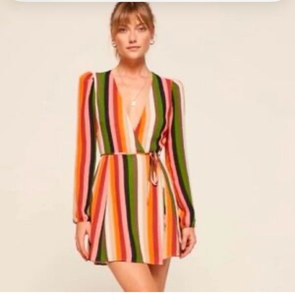Reformation Womens Striped Long Sleeves Wrap Dress Multi Colored Size Large